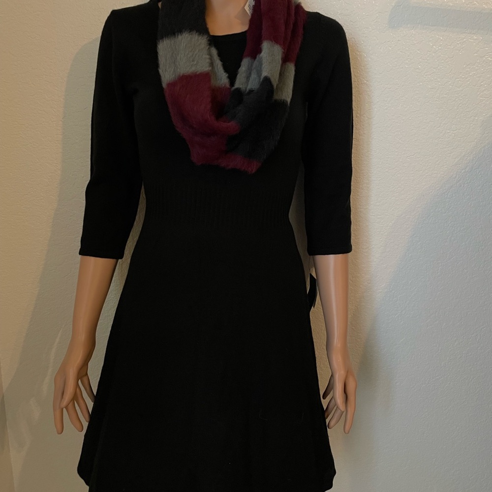 Black Fit-and-Flare Dress with Burgundy & Gray Colorblock Infinity Scarf